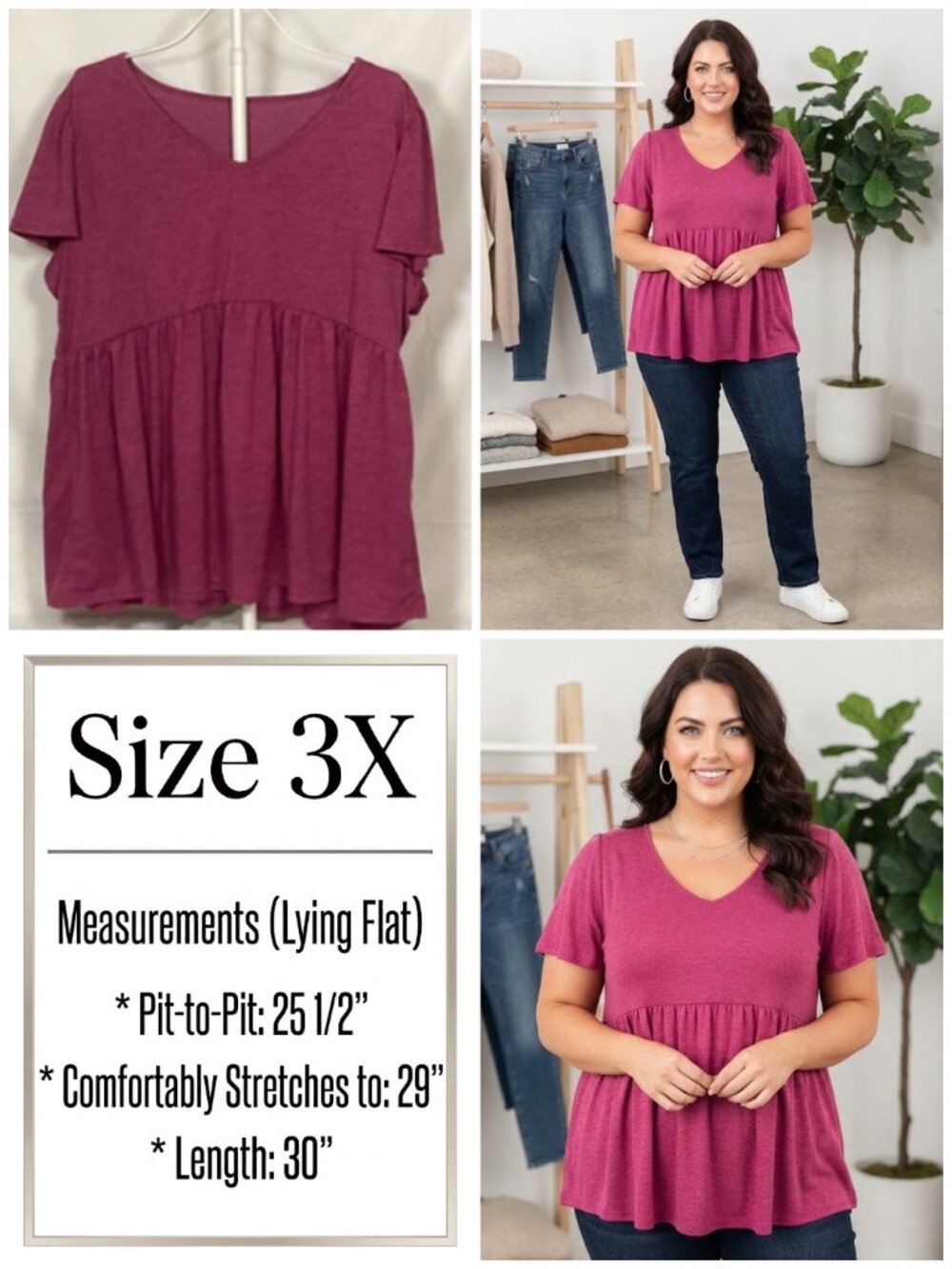 Xieerduo Plus Size 3X Heather Dark Pink V Neck Babydoll Empire Top Tee 22 24 3XL